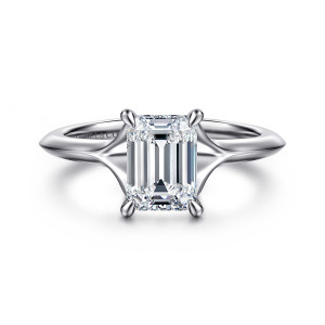 Gabriel & Co. ER16734E6W44JJ 14 karat white gold Contemporary engagement ring, front view of the pointed shoulders sweeping up to four rounded claw prongs
