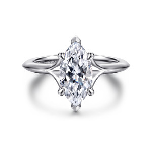 Gabriel & Co. ER16734M6W44JJ 14 karat white gold Contemporary engagement ring, front view of a marquise center with V tipped prongs at each point and a forked band