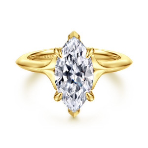 Gabriel & Co. ER16734M8Y44JJ 14 karat yellow gold Contemporary engagement ring, front view of a marquise center with six prongs over shoulders that taper to sharp points