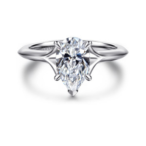 Gabriel & Co. ER16734P6W44JJ 14 karat white gold Contemporary engagement ring, front view of the pear center with a V tip prong and the ridged shoulders flaring apart
