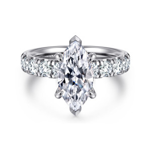 Gabriel & Co. ER16740M8W44JJ 14 karat white gold Contemporary engagement ring, front view of a marquise center with V tips at its points above a band of round diamonds