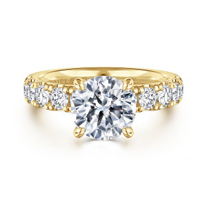 Gabriel & Co. ER16740R8Y44JJ 14 karat yellow gold Contemporary engagement ring, front view of a round center flanked by large round diamonds along both shoulders