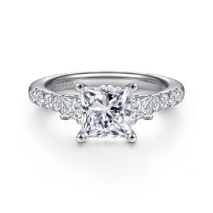 Gabriel & Co. ER16741S6W44JJ 14 karat white gold Lotus engagement ring, front view of a princess cut center between square side stones and shoulders of round diamonds
