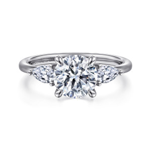 Gabriel & Co. ER16743R6W44JJ 14 karat white gold Classic engagement ring, front view of a round center flanked by pear shaped stones pointing outward