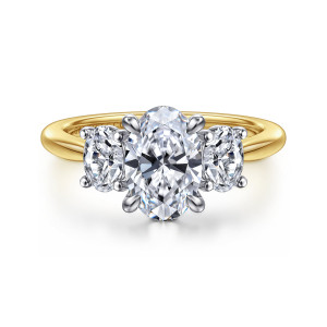 Gabriel & Co. ER16754O6M44JJ 14 karat white and yellow gold Classic engagement ring, front view of a longer oval center between two smaller ovals, held by four prongs