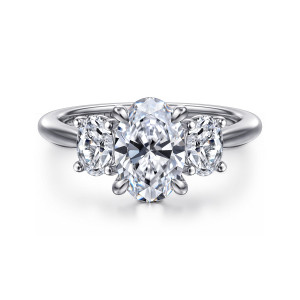 Gabriel & Co. ER16754O6W44JJ 14 karat white gold Classic engagement ring, front view of the oval center with a smaller oval stone tucked against each side