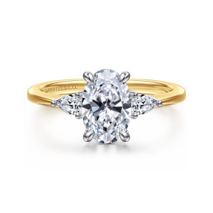 Gabriel & Co. ER16764O6M44JJ 14 karat white and yellow gold Classic engagement ring, front view of an oval center with a pear shaped stone on each side pointing outward