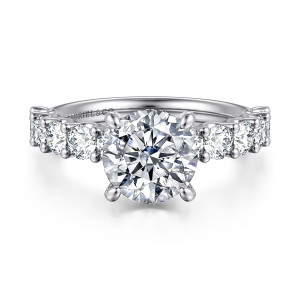 Gabriel & Co. ER16765R8W44JJ 14 karat white gold Contemporary engagement ring, front view of a round center flanked by large round diamonds separated by small ball tipped prongs