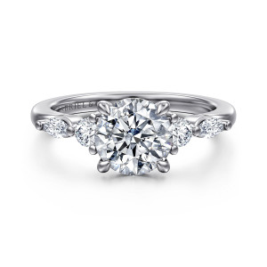 Gabriel & Co. ER16766R6W44JJ 14 karat white gold Contemporary engagement ring, front view of a round center with a round and an elongated diamond on each side
