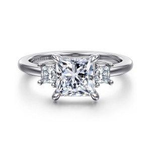Gabriel & Co. ER16770S6W44JJ 14 karat white gold Classic engagement ring, front view of a princess cut center with a smaller diamond on each side