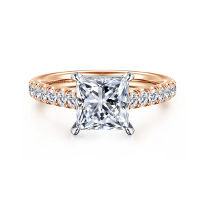 Gabriel & Co. ER16776S8T44JJ 14 karat white and rose gold Contemporary engagement ring, front view of a princess cut center in corner prongs above small diamonds along the shoulders