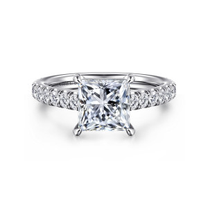 Gabriel & Co. ER16776S8W44JJ 14 karat white gold Contemporary engagement ring, front view of a princess cut center held by four corner claws above diamond shoulders