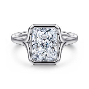 Gabriel & Co. ER16778N12W4JJJ 14 karat white gold Classic engagement ring, front view of a bezel with clipped corners around a rectangular center on a smooth band