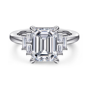 Gabriel & Co. ER16786E12W43JJ 14 karat white gold Contemporary engagement ring, front view of an emerald cut center with stepped baguette clusters on each side