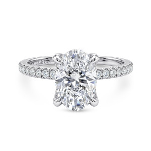 Gabriel & Co. ER16794O8W44JJ 14 karat white gold Classic engagement ring, front view of an oval center on four prongs with a row of round diamonds along each shoulder