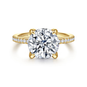 Gabriel & Co. ER16794R12Y44JJ 14 karat yellow gold Classic engagement ring, front view of a large round center on claw prongs with round stones along the band