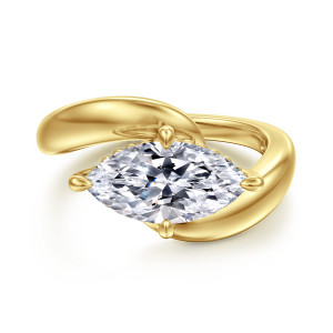 Gabriel & Co. ER16850M8Y4JJJ 14 karat yellow gold Contemporary engagement ring, front view of a sideways marquise center between the overlapping ends of the band