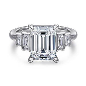 Gabriel & Co. ER16852E16W43JJ 14 karat white gold Art Deco engagement ring, front view of an emerald cut center flanked by beaded baguette frames stepping down each side