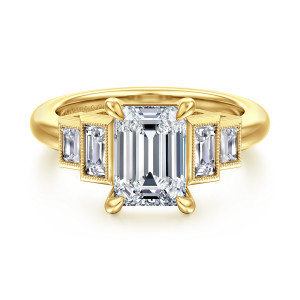 Gabriel & Co. ER16852E8Y43JJ 14 karat yellow gold Art Deco engagement ring, front view of an emerald cut center with two baguette stones in milgrain bezel boxes on each side