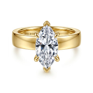 Gabriel & Co. ER16854M8Y44JJ 14 karat yellow gold Classic engagement ring, front view of a marquise center gripped by rounded prongs on a wide polished band