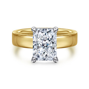 Gabriel & Co. ER16854N12M44JJ 14 karat white and yellow gold Classic engagement ring, front view of a radiant cut center in four rounded prongs on a broad flat band
