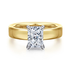 Gabriel & Co. ER16854N6M44JJ 14 karat white and yellow gold Classic engagement ring, front view of a radiant cut center with four rounded prongs above a wide smooth band
