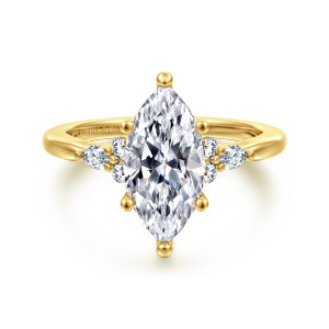 Gabriel & Co. ER16855M8Y44JJ 14 karat yellow gold Starlight engagement ring, front view of a long marquise center with beaded prongs and small stone clusters at each shoulder