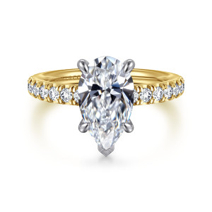 Gabriel & Co. ER16856P10M44JJ 14 karat white and yellow gold Contemporary engagement ring, front view of a pear shaped center held by a V shaped prong at its point