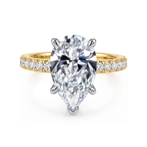 Gabriel & Co. ER16856P20M44JJ 14 karat white and yellow gold Contemporary engagement ring, front view of a pear shaped center with a V shaped prong at its point