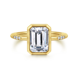 Gabriel & Co. ER16857E10Y44JJ 14 karat yellow gold Contemporary engagement ring, front view of the clipped corner bezel with a diamond cluster on each side