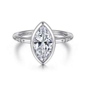 Gabriel & Co. ER16857M6W44JJ 14 karat white gold Contemporary engagement ring, front view of a marquise in a smooth bezel with a small diamond cluster on each side