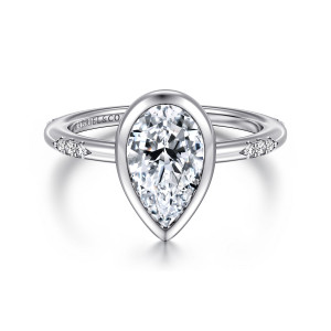Gabriel & Co. ER16857P6W44JJ 14 karat white gold Contemporary engagement ring, front view of a pear shaped bezel with its point down and a diamond cluster on each shoulder