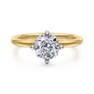 Gabriel & Co. ER16858C6M4JJJ 14 karat white and yellow gold Contemporary engagement ring, front view of a cushion shaped center held at the middle of each side by pointed prongs