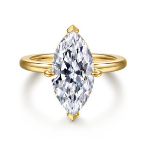 Gabriel & Co. ER16858M16Y4JJJ 14 karat yellow gold Contemporary engagement ring, front view of a marquise center with pointed tips at each end and a claw at each side