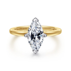 Gabriel & Co. ER16858M6M4JJJ 14 karat white and yellow gold Contemporary engagement ring, front view of a marquise center with pointed tip prongs above a smooth, slim band