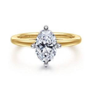 Gabriel & Co. ER16858O6M4JJJ 14 karat white and yellow gold Contemporary engagement ring, front view of an oval center held by prongs at both ends and both sides