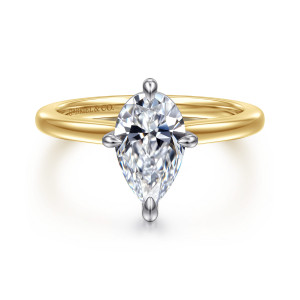 Gabriel & Co. ER16858P6M4JJJ 14 karat white and yellow gold Contemporary engagement ring, front view of a pear shaped center with a prong at each end and side