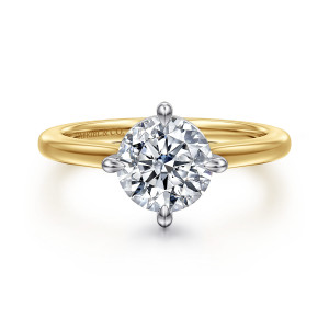 Gabriel & Co. ER16858R6M4JJJ 14 karat white and yellow gold Contemporary engagement ring, front view of a round center held by prongs at top, bottom and both sides