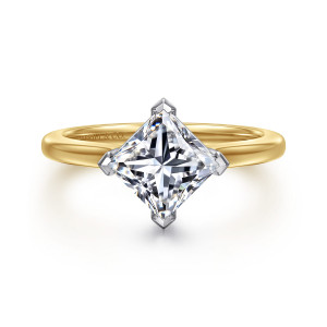 Gabriel & Co. ER16858S6M4JJJ 14 karat white and yellow gold Contemporary engagement ring, front view of a princess cut center turned corner forward with pointed tips at each corner