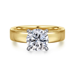 Gabriel & Co. ER16859R8M4JJJ 14 karat white and yellow gold Contemporary engagement ring, front view of a round center on four claw prongs against a wide flat band