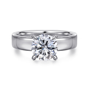Gabriel & Co. ER16859R8W4JJJ 14 karat white gold Contemporary engagement ring, front view of a round center in four claw prongs on a broad flat band