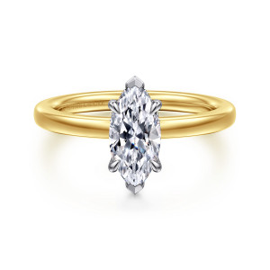 Gabriel & Co. ER16860M4M44JJ 14 karat white and yellow gold Classic engagement ring, front view of a marquise center with V shaped tips at both points and side claws