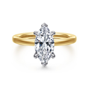 Gabriel & Co. ER16860M6M44JJ 14 karat white and yellow gold Classic engagement ring, front view of a marquise center held by six prongs, two of them pointed caps at the ends