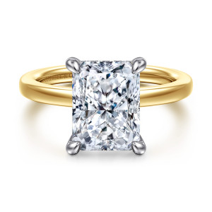 Gabriel & Co. ER16860N16M44JJ 14 karat white and yellow gold Classic engagement ring, front view of a rectangular center with clipped corners in four rounded prongs on a plain band