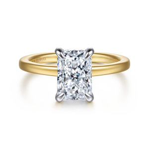 Gabriel & Co. ER16860N8M44JJ 14 karat white and yellow gold Classic engagement ring, front view of a rectangular center with trimmed corners held by four claw prongs