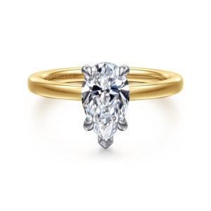 Gabriel & Co. ER16860P6M44JJ 14 karat white and yellow gold Classic engagement ring, front view of a pear shaped center with a V shaped prong at the point