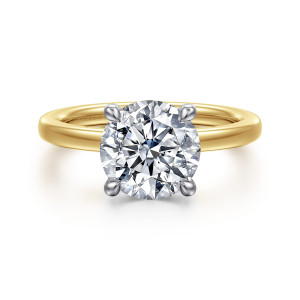 Gabriel & Co. ER16860R10M44JJ 14 karat white and yellow gold Classic engagement ring, front view of a round center with four rounded prong tips and a smooth slim band