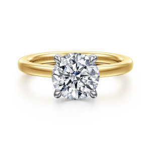 Gabriel & Co. ER16860R8M44JJ 14 karat white and yellow gold Classic engagement ring, front view of a round center held by slender claws with a plain polished band