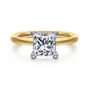Gabriel & Co. ER16860S6M44JJ 14 karat white and yellow gold Classic engagement ring, front view of the square center held by flat topped prongs at each corner of the head
