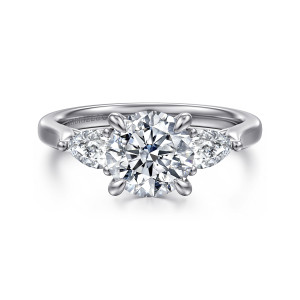 Gabriel & Co. ER16864R6W44JJ 14 karat white gold Lotus engagement ring, front view of a round center with a pear shaped stone pointing outward on each side